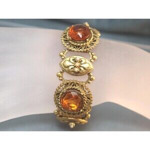 Coro Fleur de Lis Bracelet Orange Open Setting Rhinestones Pearls